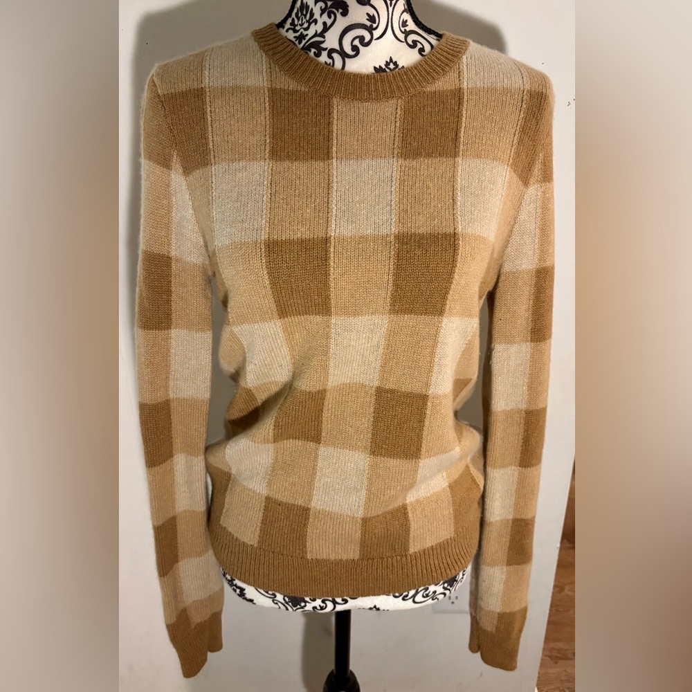 Theory Tan and Cream Checkered Women's Sweater
